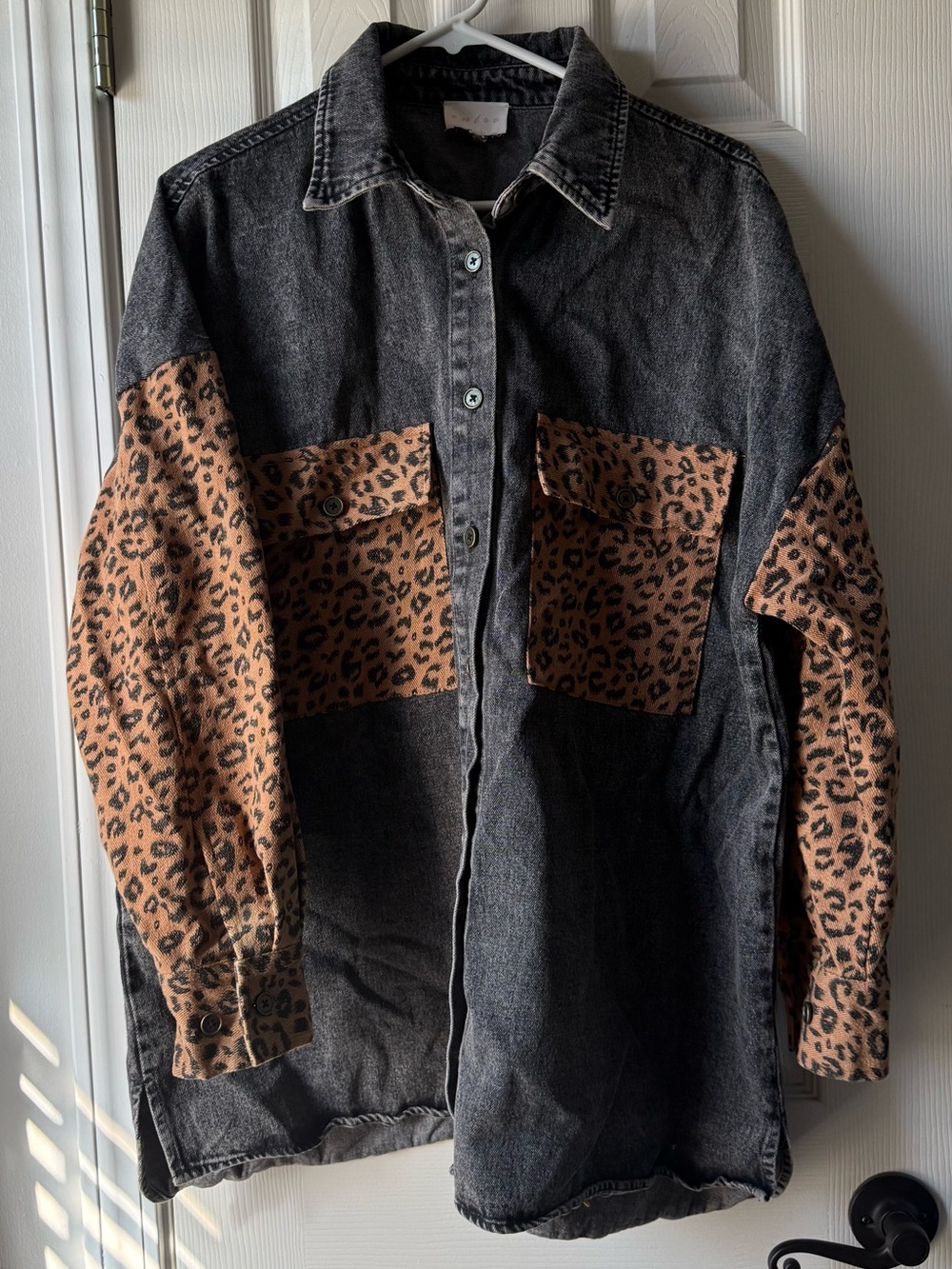 Entro Denim Shacket with Leopard Print Pockets & Sleeves - Size 1X
